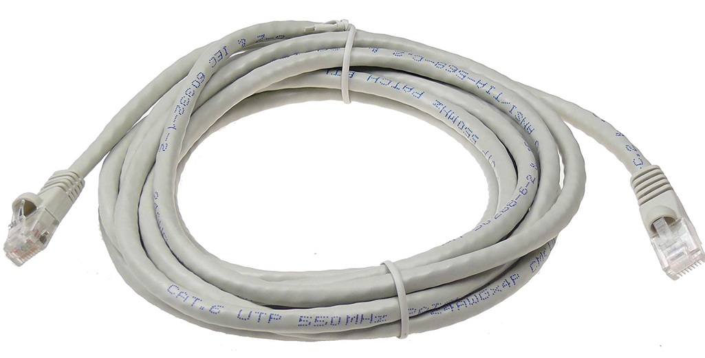 A coil of white ethernet cable with blue labeling on the sheathing.