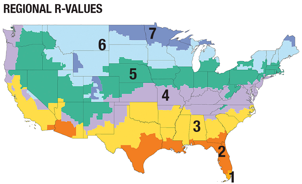 A map shows R-values for different regions in the U.S.