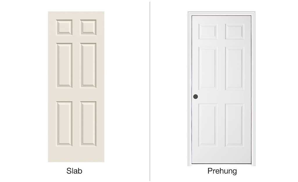 A slab door and a pre-hung door featuring a recessed panel design.