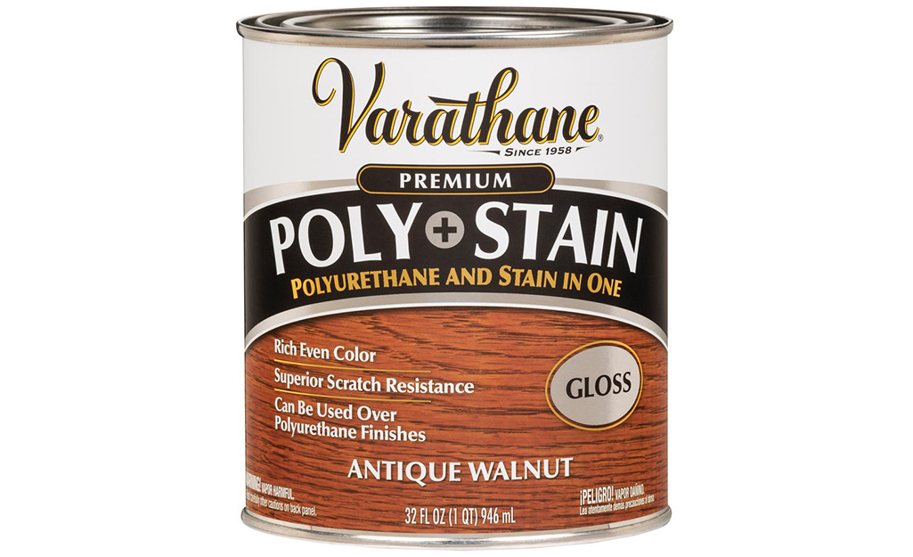 A can of water based wood stain on a white background.