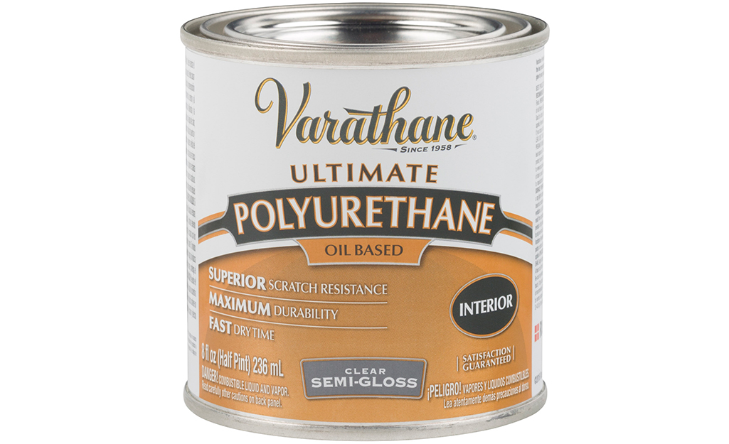 A can of polyurethane varnish on a white background.
