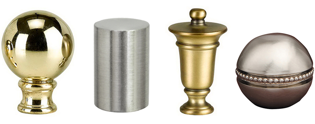 A row of finials featuring different shapes and finishes.