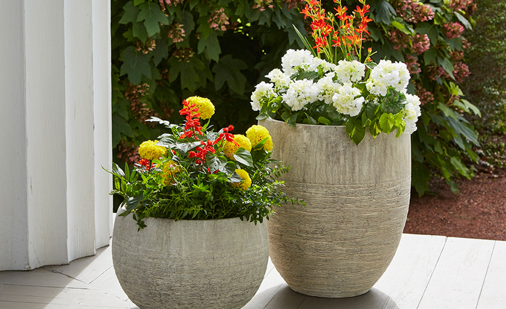 Red, white and yellow flowers grow in two round planters on a patio.