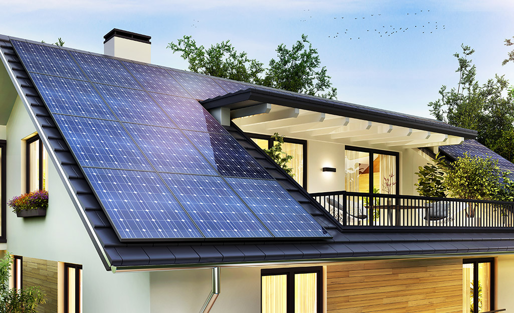 A home built with solar roofing panels. 