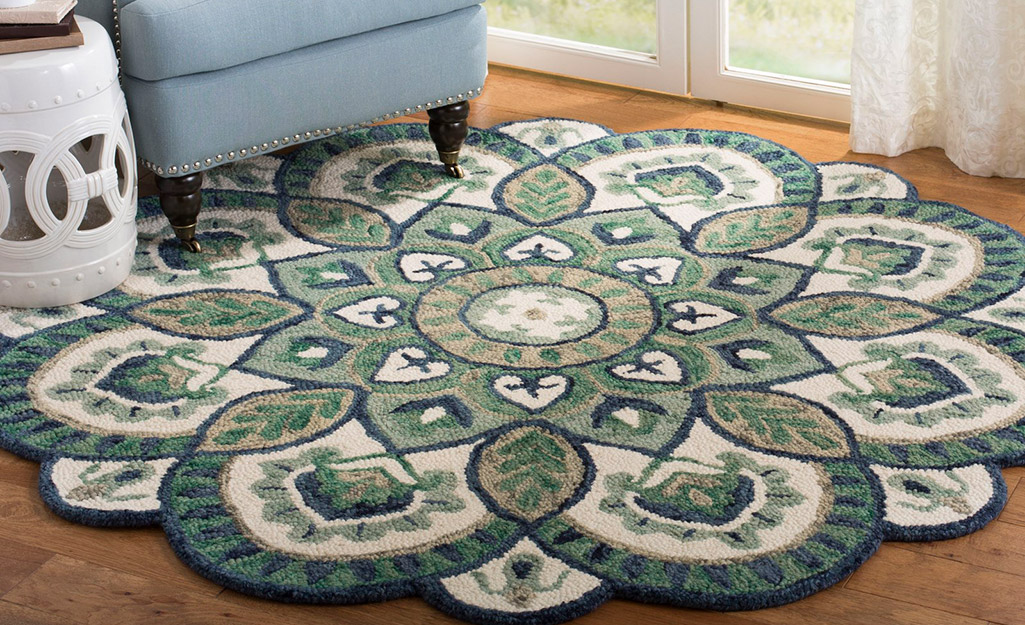 A novelty rug on a living room floor.