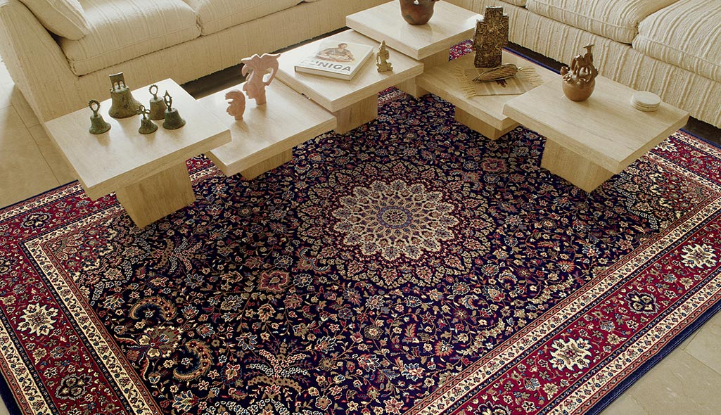 An Oriental rug in a living room.