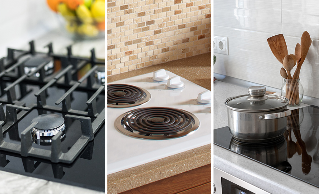 Compare a gas cooktop, electric coil stovetop and an induction burner.