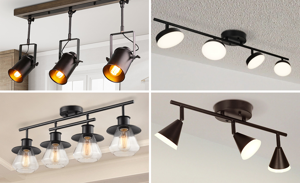 Four types of track lights, clockwise from top left: gimbal, round back, multi-step and stepped.