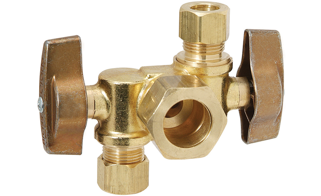 A dual-outlet quarter-turn shut-off valve that is made of brass.