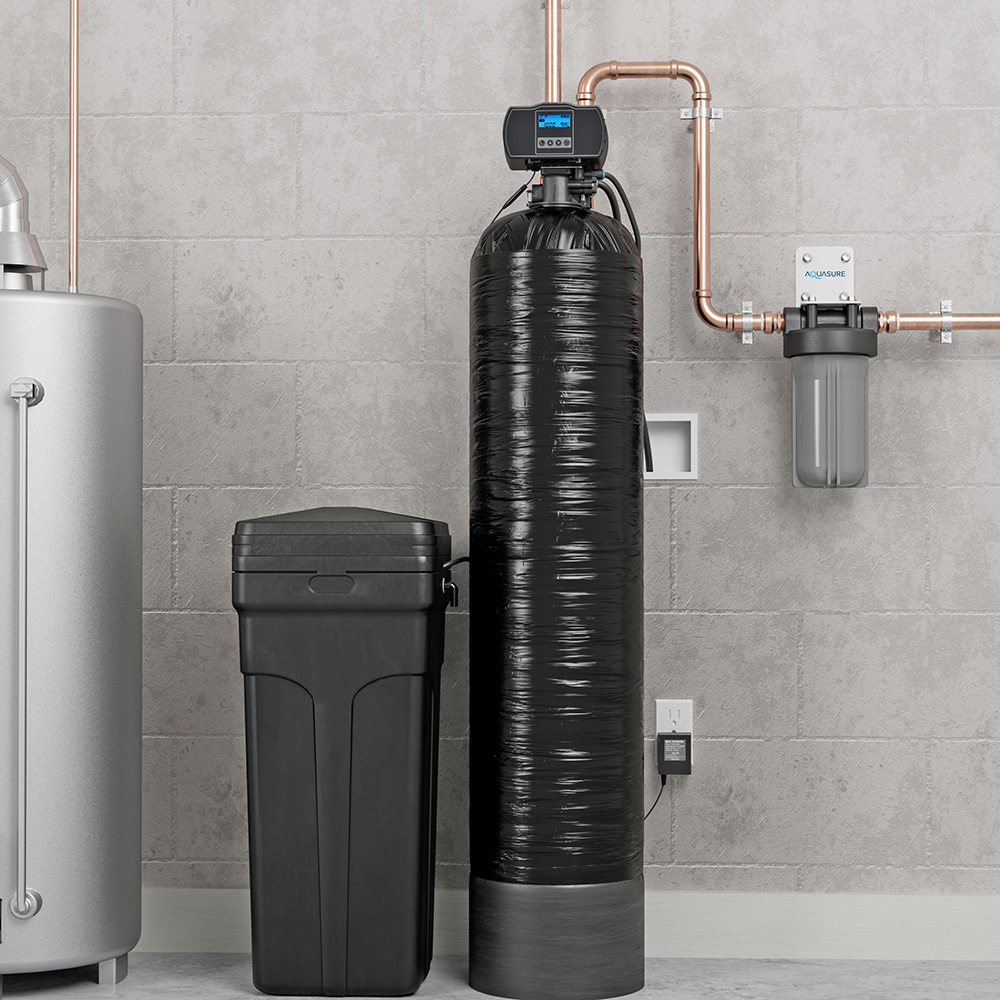 A black digital water softener.