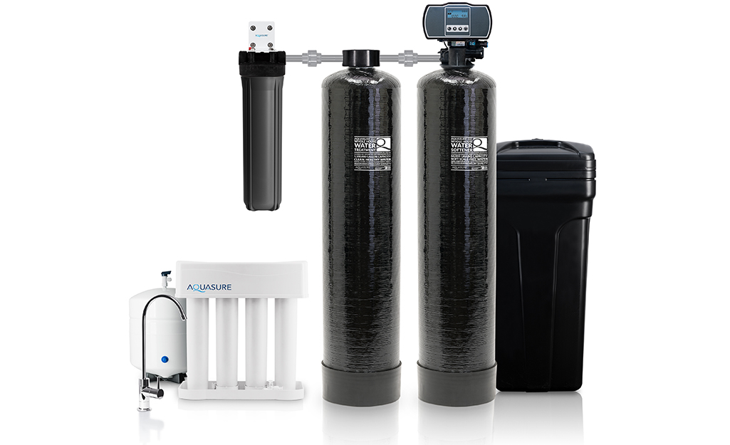 A black dual-tank salt-free water softener.