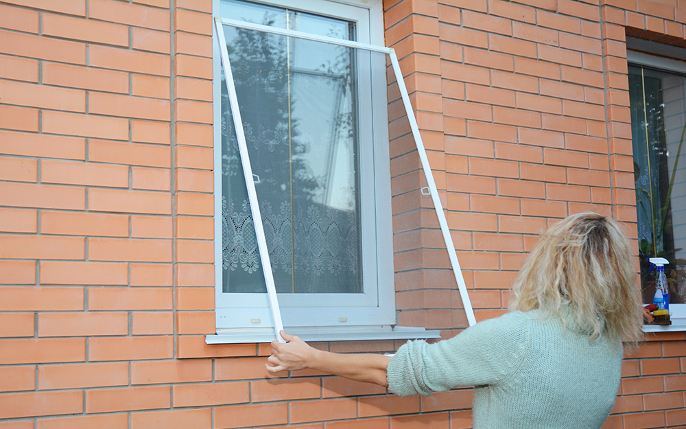 A woman putting a window screen in a window.