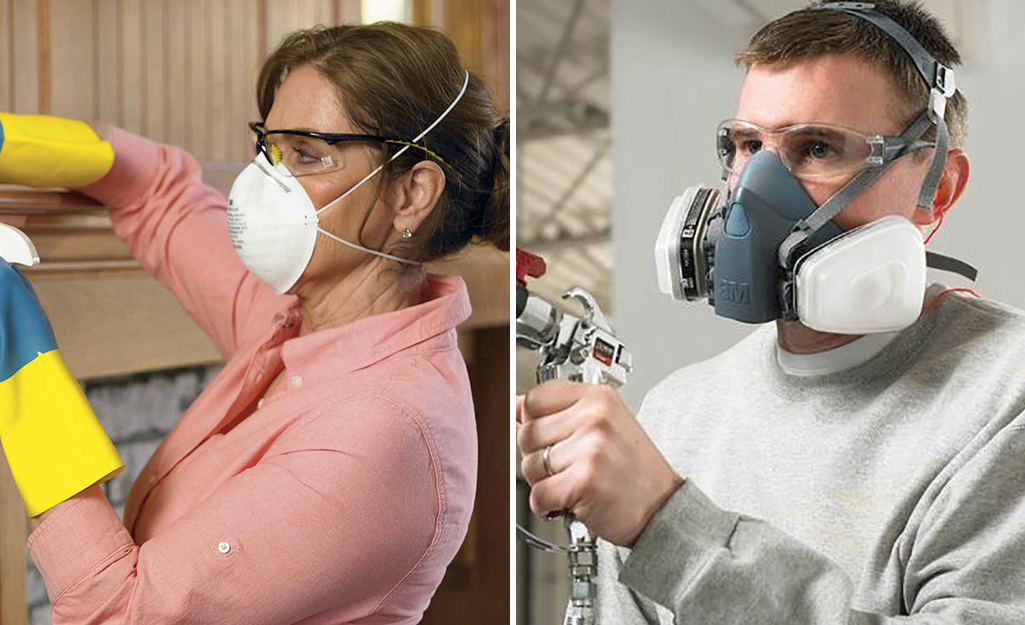 A side by side photo of a man and a woman wearing different types of respirators. 