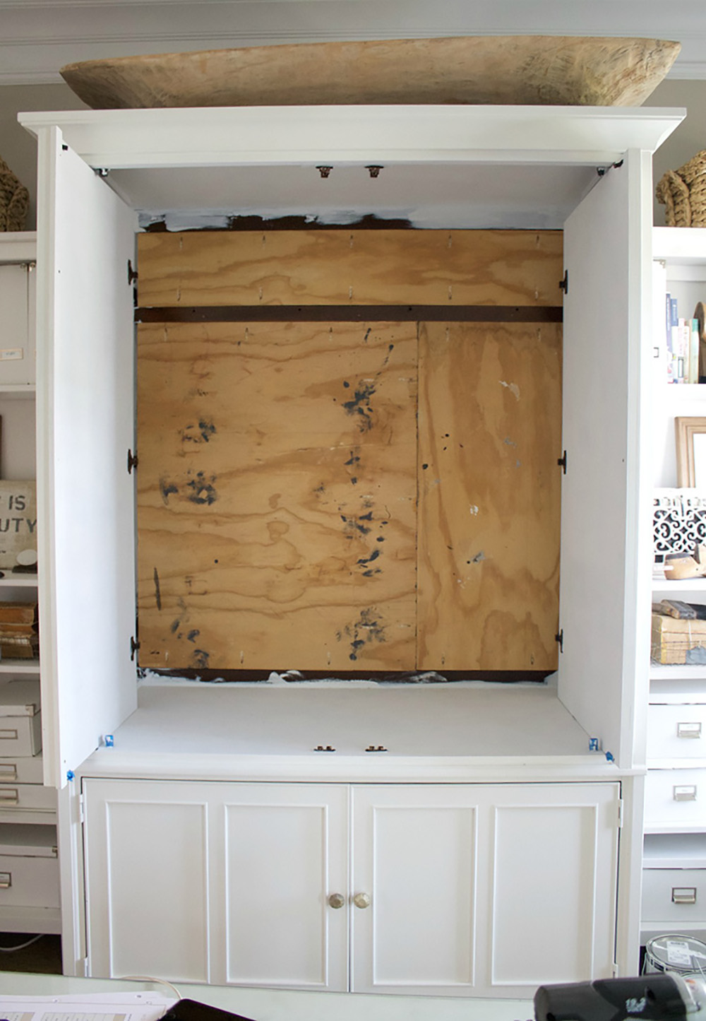 Upgrade an Old Armoire for a Weathered Wood Herringbone Look