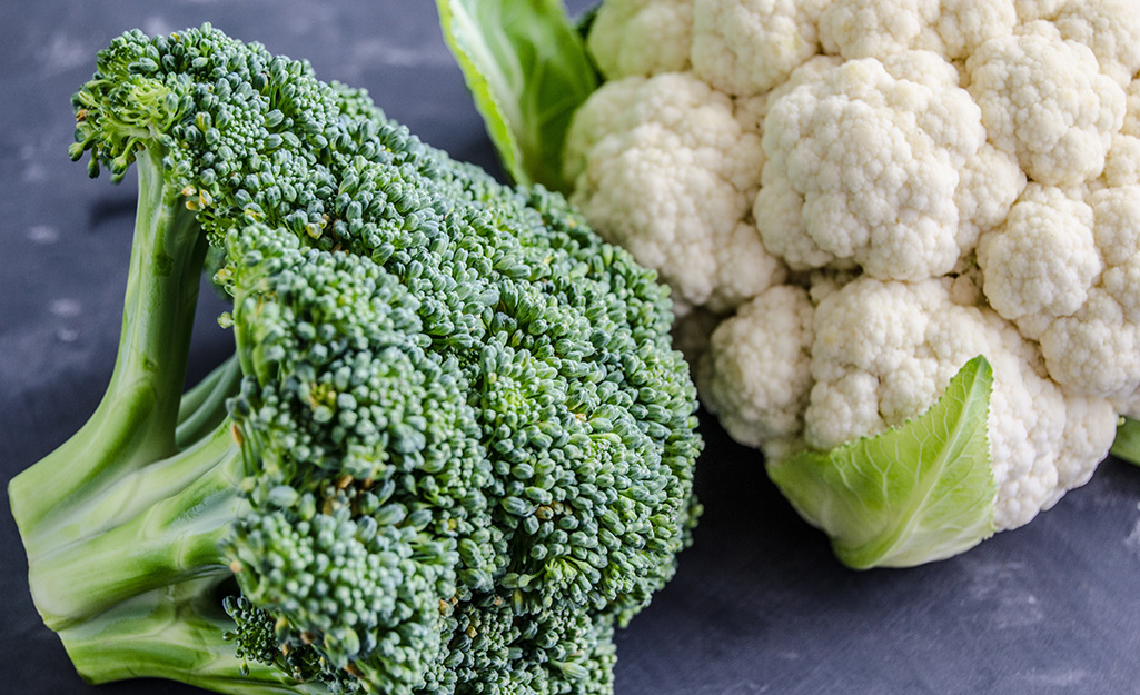 Broccoli and cauliflower lay on a table.