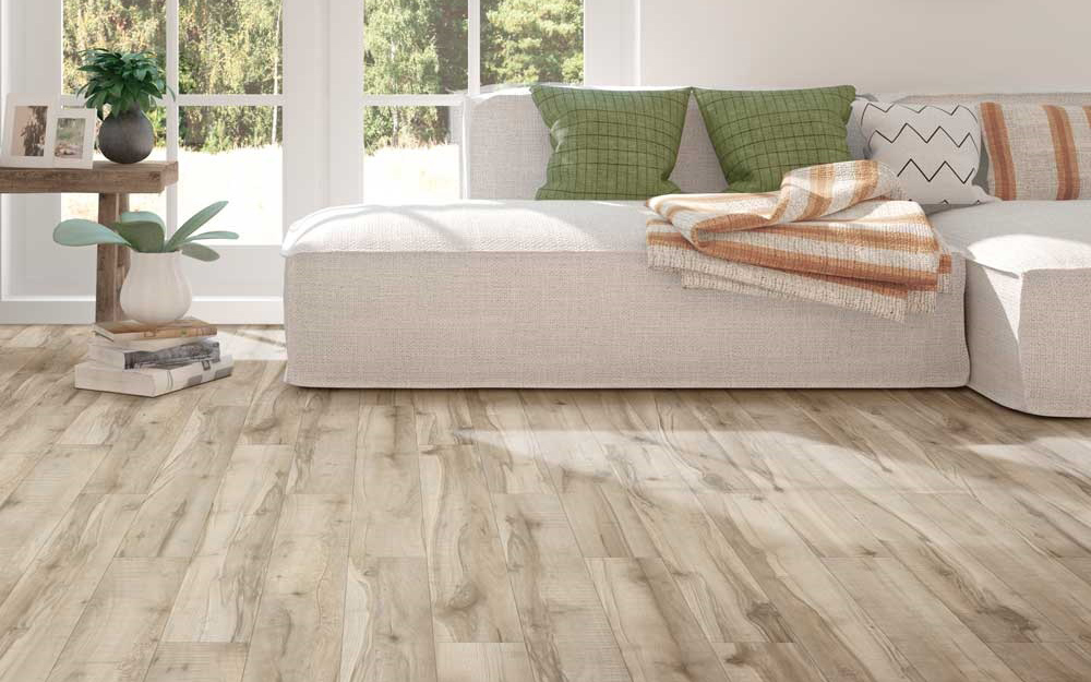Vinyl flooring in a lighter color makes this living room look more spacious.