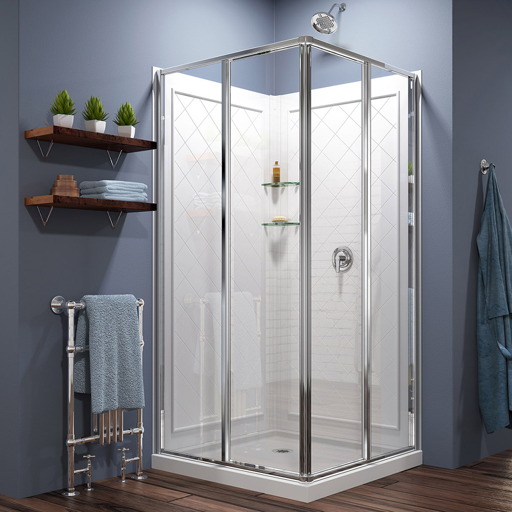 A walk-in shower stands in the corner of a bathroom.