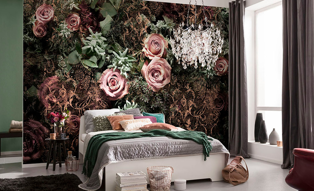 A virtual rose tapestry wall covering used as a wall accent for a bedroom.