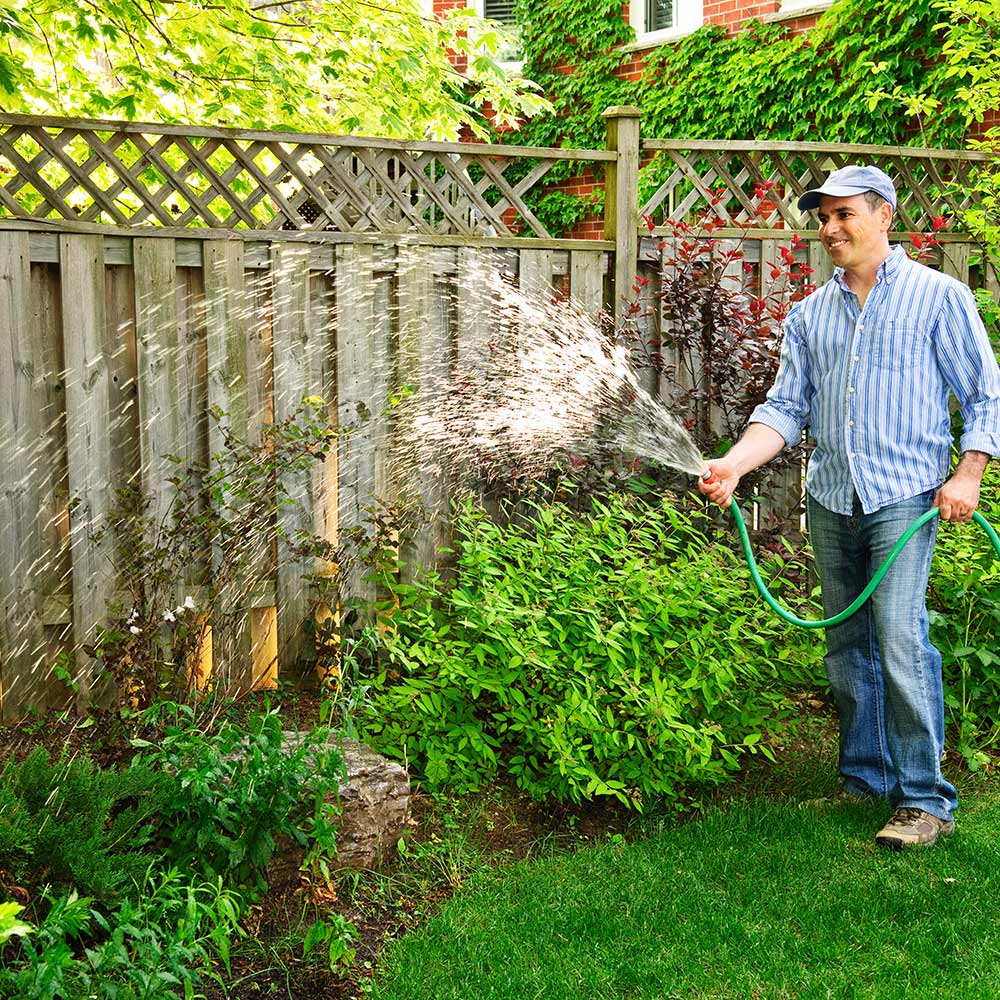 Gardener watering plants with a hose.