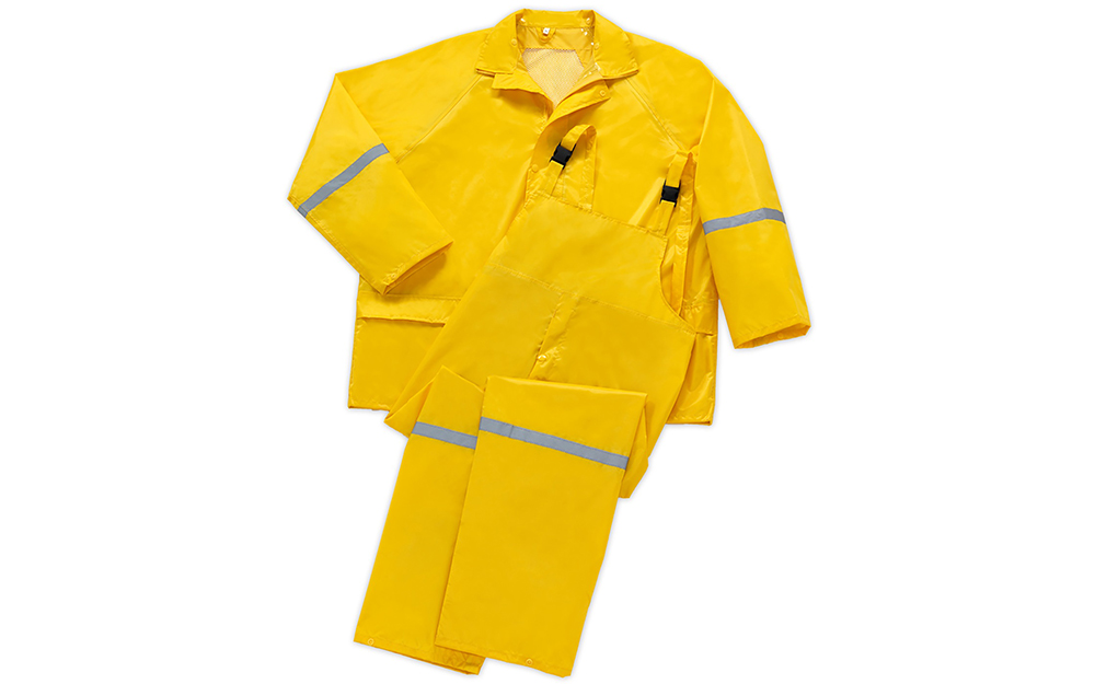 Waterproof pants and a jacket in a safety yellow color.