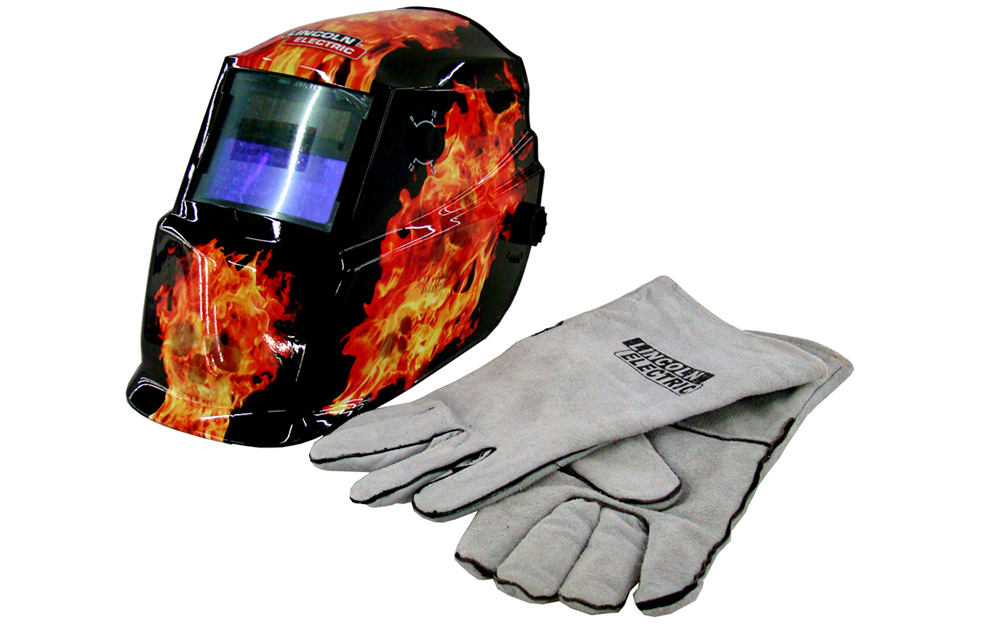A welding helmet and welding gloves
