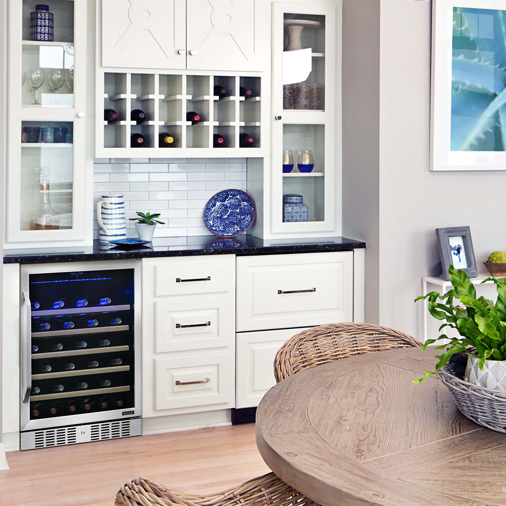 A home bar with built-in wine cooler. 
