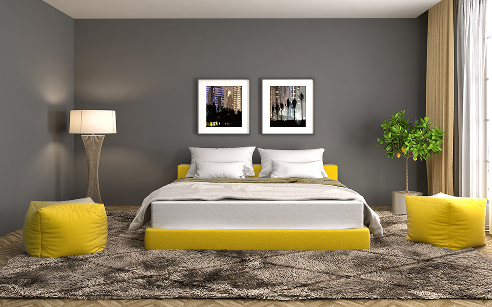 pastel yellow and grey bedroom