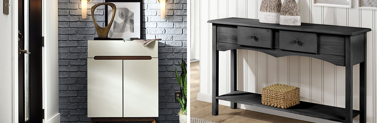Breaking up a tiny entry space with a console table placed just off the doorway can provide a resting spot for a few items. Breaking up a tiny entry space with a console table placed just off the doorway can provide a resting spot for a few items.
