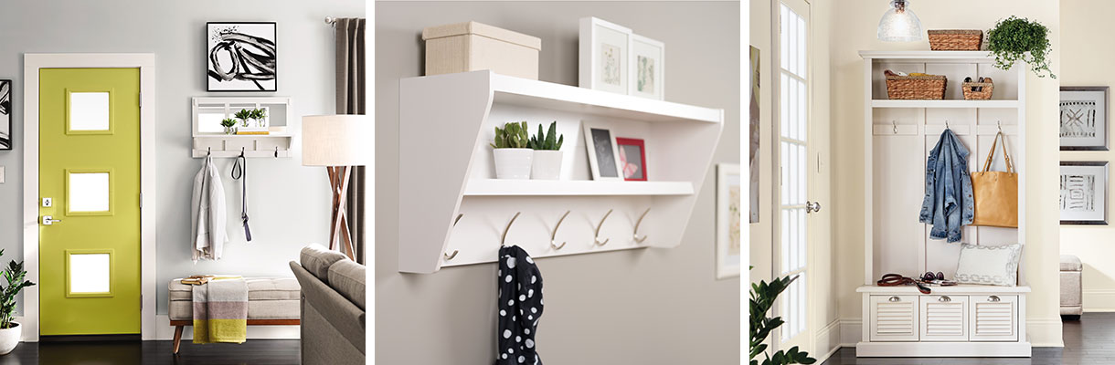 Wall hooks make for easy grab-and-go storage. Wall hooks make for easy grab-and-go storage.