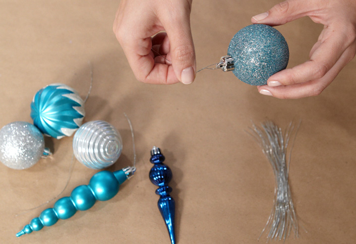 Wire the ornaments - Make Wreath Chandelier Wire the ornaments - Make Wreath Chandelier