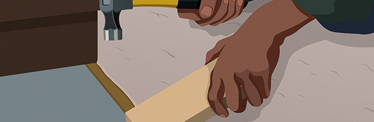 Step 15: Person Holding Hammer and Block of Wood to Make Transition Moulding Step 15: Person Holding Hammer and Block of Wood to Make Transition Moulding