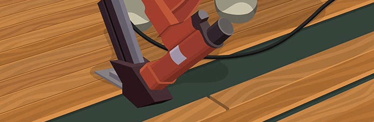 Illustration of someone using a flooring nailer to install hardwood boards Illustration of someone using a flooring nailer to install hardwood boards