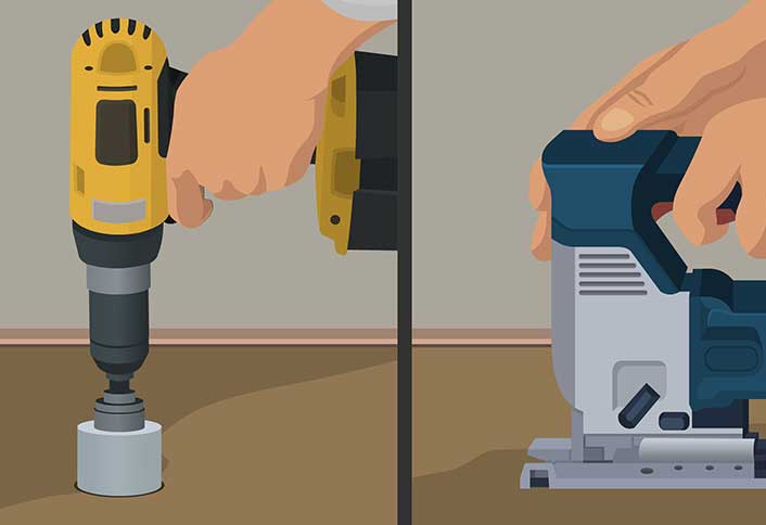 Drill holes for wiring - Install Base Cabinets Drill holes for wiring - Install Base Cabinets