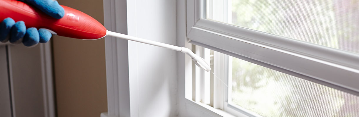 Person spraying insecticide on a window sill. Person spraying insecticide on a window sill.