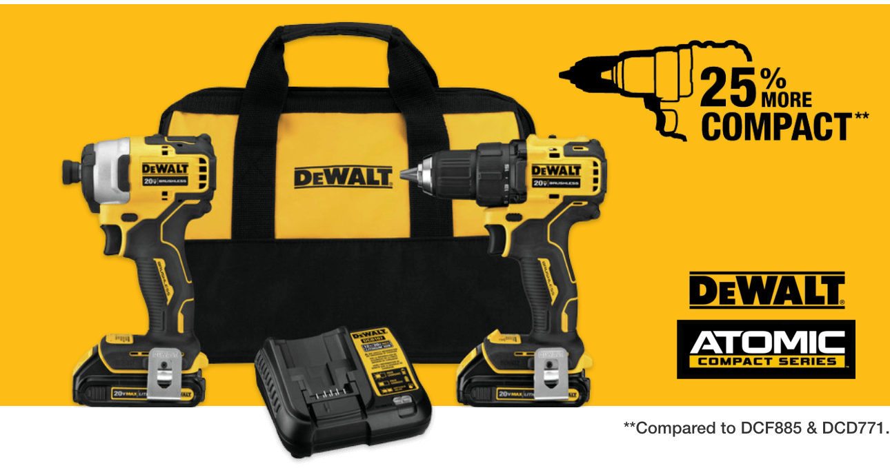 dewalt sub compact power tools tools the home depot atomic 20 volt max cordless brushless compact 1 2 in drill driver with 2 20 volt 1 3ah batteries charger bag