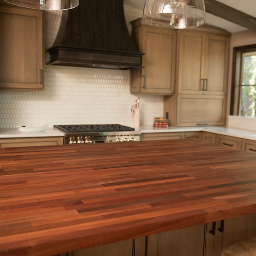 Hardwood Reflections Unfinished Sapele Butcher Block Countertop Installed in a Kitchen Hardwood Reflections Unfinished Sapele Butcher Block Countertop Installed in a Kitchen