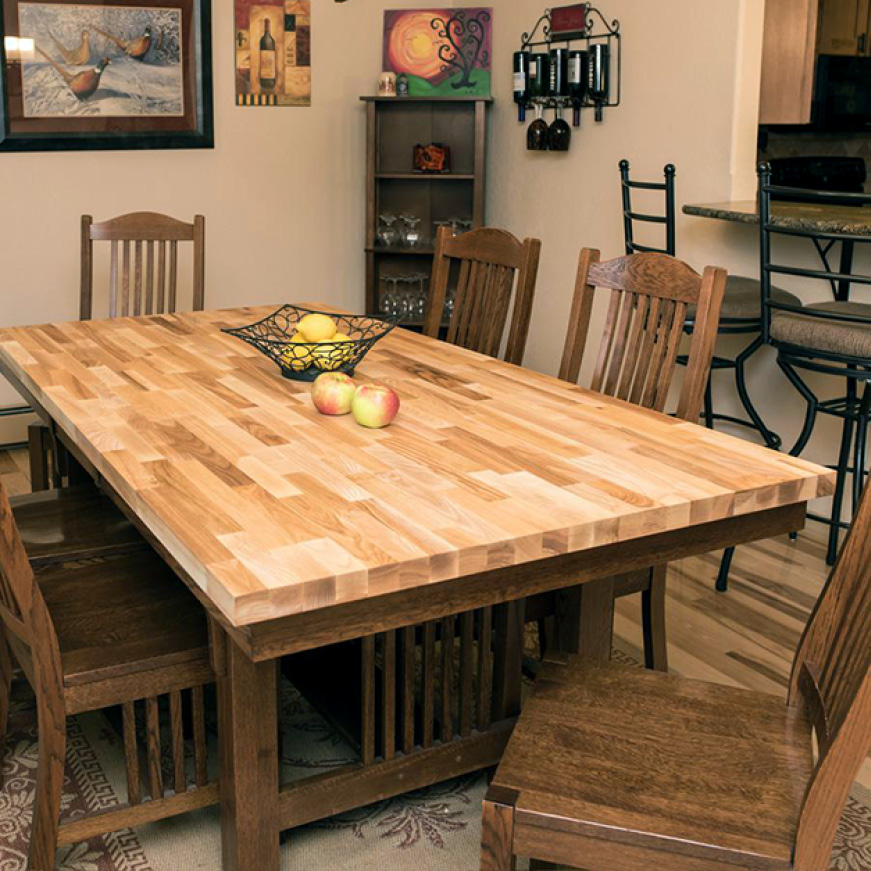 Hardwood Reflections Unfinished Ash Butcher Block Countertop Installed as a Kitchen Table Top Hardwood Reflections Unfinished Ash Butcher Block Countertop Installed as a Kitchen Table Top