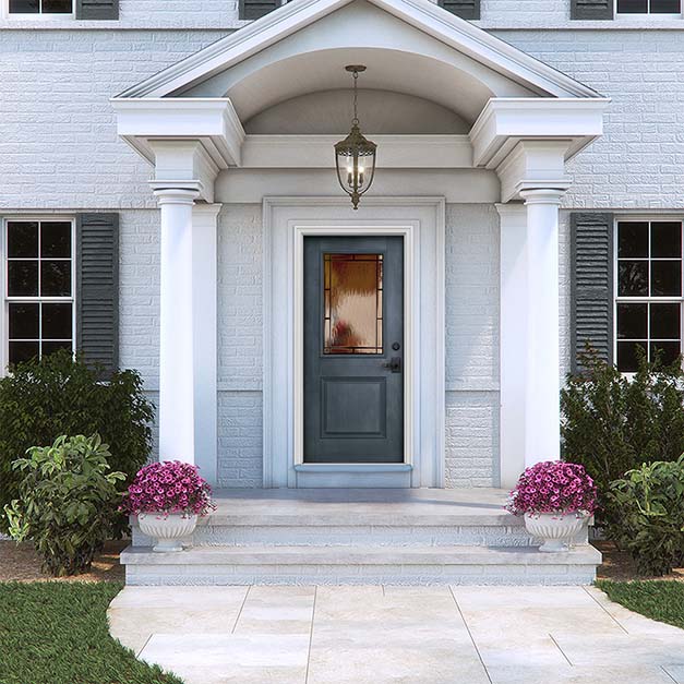 Exterior home with denim stain fiberglass door with decorative glass Exterior home with denim stain fiberglass door with decorative glass