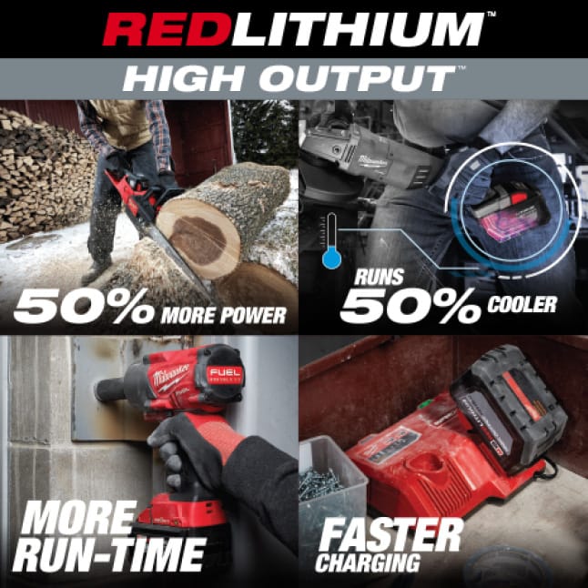 Four Milwaukee tools utilizing M18 REDLITHIUM HIGH OUTPUT Batteries on various jobsites