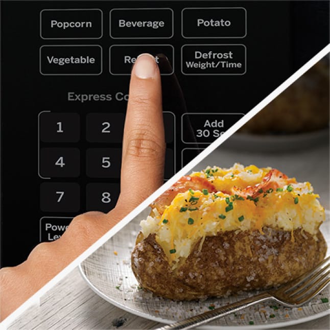 Split screen of microwave controls and perfectly cooked potato with toppings