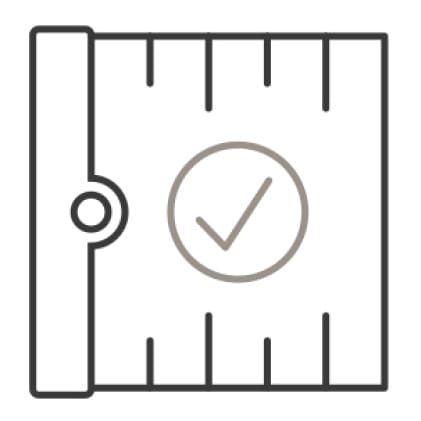 An icon of a measuring tape’s head. A check mark in between the tape’s markings forms a simplified version of the Cafe fits logo.