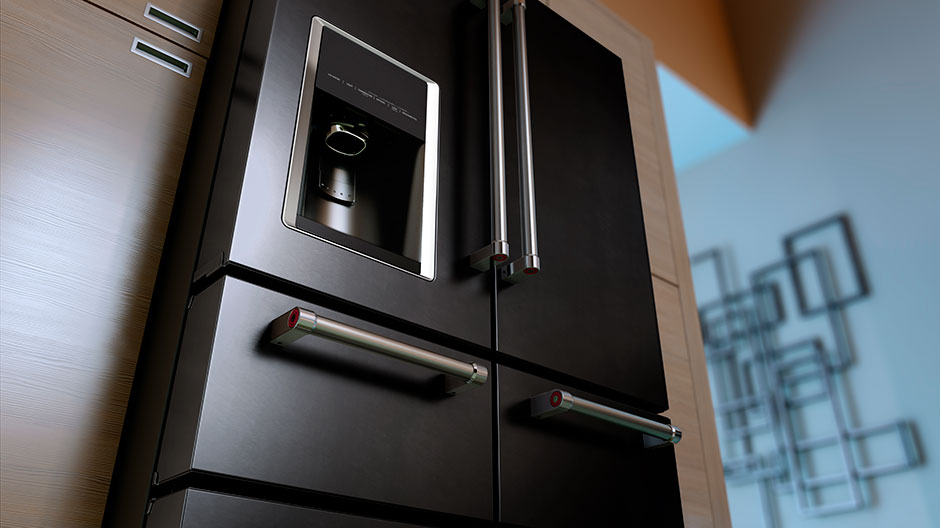 Upward angled shot of the refrigerator set in a modern kitchen. Upward angled shot of the refrigerator set in a modern kitchen.