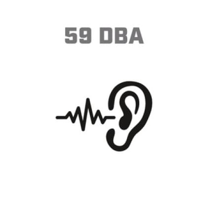 Icon image of soundwaves entering ear, showing 59 DBA