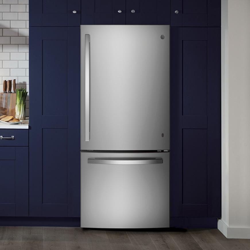 GE Appliances, the best bottom freezer refridgerator installed in a modern kitchen