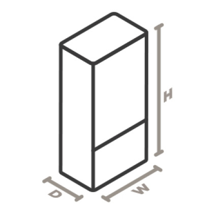 An icon of the appliance viewed from a corner looking down. Lines designate and measure the height, width, and depth of the appliance.