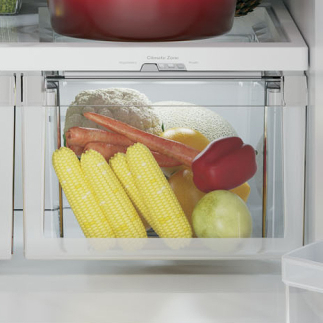 A variety of fresh produce is kept at the perfect refridgerator humdity and temperature inside the crisper drawer.