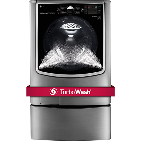 A product shot of an LG front load washer on a white background with the title TurboWash over a red banner