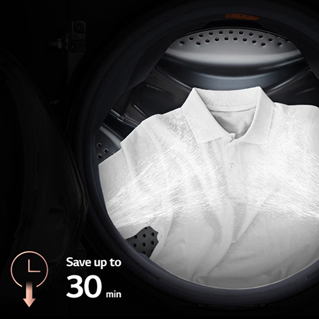 Close up of a white polo shirt in the interior of an LG washing machine with the title Save up to 30 min