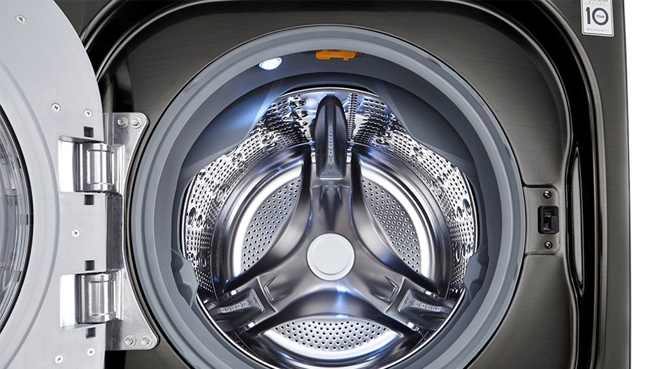 A close up shot into the interior of an LG large capacity front load washer A close up shot into the interior of an LG large capacity front load washer