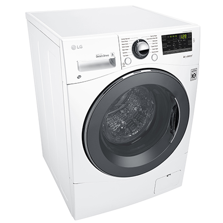 White LG washing machine against a white background